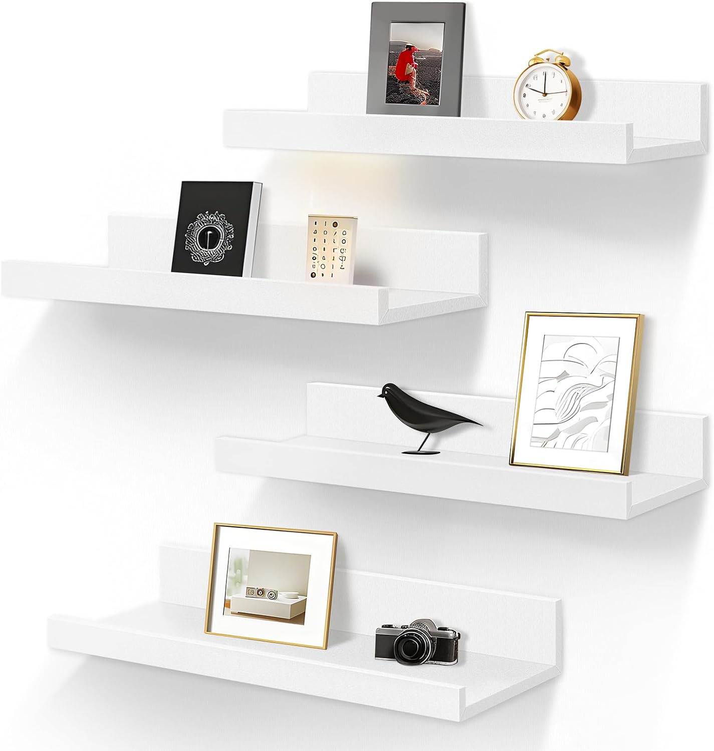 LaVie Home Floating Shelves for Wall Storage Set of 4, 16 Inch Picture Ledge Shelf, White Wall Shelves with Lip for Kitchen, Bedroom, Bathroom, and Living Room 16 inch White