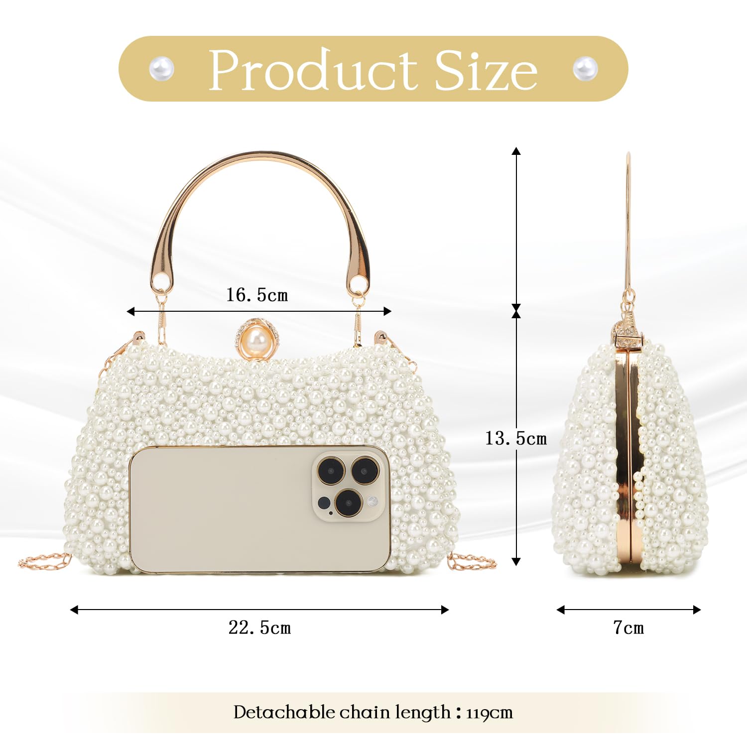 EVEOUT Pochette en Perles pour Femme élégant Clutch de Soirée avec Chaîne Sac à main de Perles pour Mariée Sac bandoulière pour Mariage Fête(Beige)