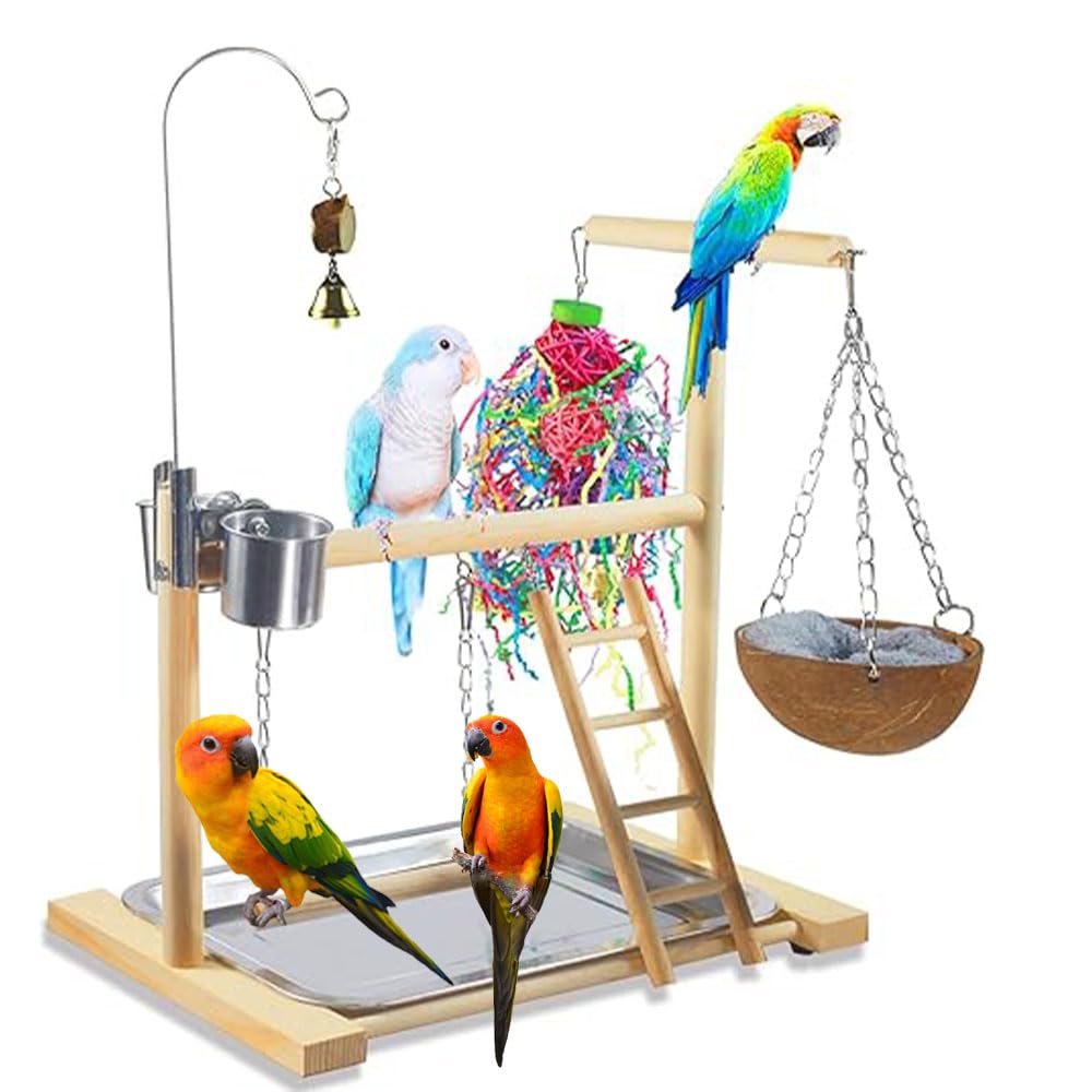 Bird Stand Fun Straw Bell Toys,Parrot Wooden Platform Stand with Perch Ladder, Swing, Bell & Feeder