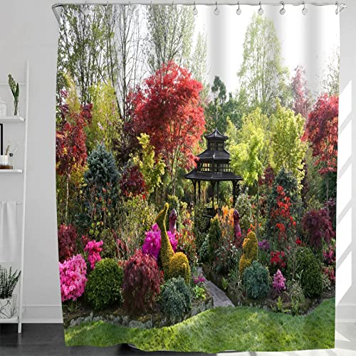 Abaysto Shower Curtain 3D Garden View Flowers Trees Outdoor Nature Scenery Waterproof Cloth Fabric Bathroom Decor Set including Hooks 72x72 Inch - Image 4