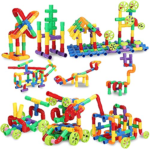 Image of AEXONIZ TOYS Colorful Building Blocks for Kids - Plastic Pipe Building Block with Wheels Creative Smart Activity Fun and Learning Blocks Puzzle Assemble Toys, Children Gift Set(85Pcs)