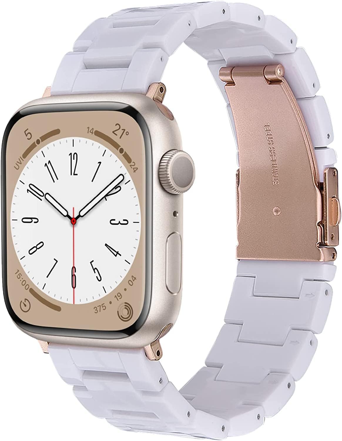 V-MORO Resin Band Compatible with Apple Watch Bands Series 8/7 45mm 44mm 42mm iWatch 6/5/4/3/2/1/SE with Stainless Steel Buckle Replacement Wristband Strap Women Men(White-tone, 42mm/44mm/45mm) image