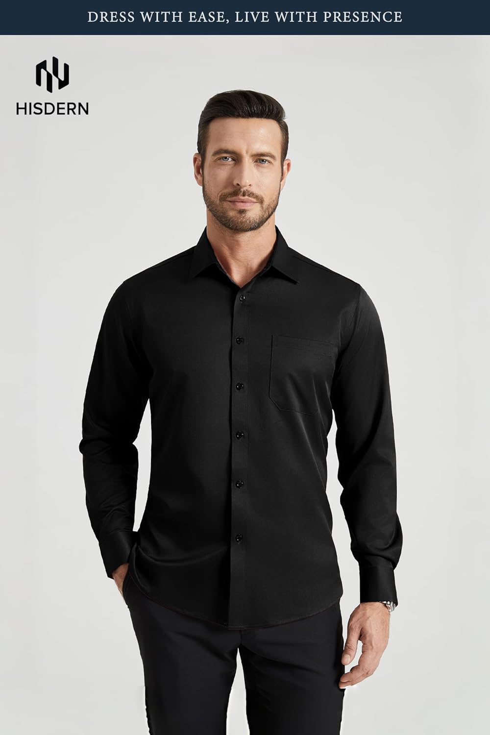 HISDERN 305 Men's Dress Shirt Wrinkle-Free 4-Way Stretch Quick Drying Breathable Long Sleeve Business Formal Shirts - Image 2