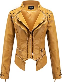 chouyatou Women's Fashion Studded Perfectly Shaping Faux Leather Biker Jacket