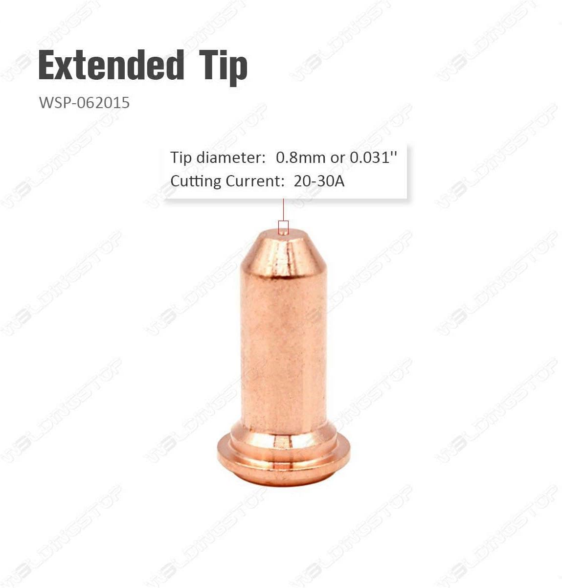 PT-60 IPT-60 Extended Electrode 52583 Extended Tip 51318L.08 Nozzle 0.8mm 0.031'' Plasma Cutting 20-30A Consumables PK-20 (10pcd Extended Electrodes + 10pcs 0.8mm Tips)