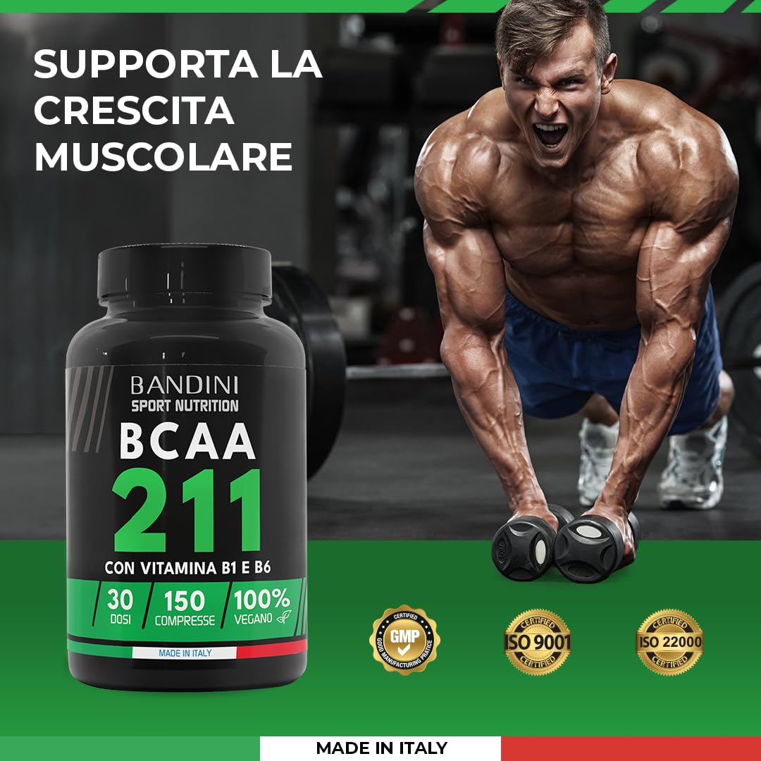Bandini® AMINOACIDI RAMIFICATI BCAA 2 1 1 | 150 Compresse Aminoacidi Ramificati Fermentati con Vitamina B1 e B6 | 2.1.1 con Leucina, Isoleucina, Valina | Intra Pre Post Workout - Per Palestra | Vegan