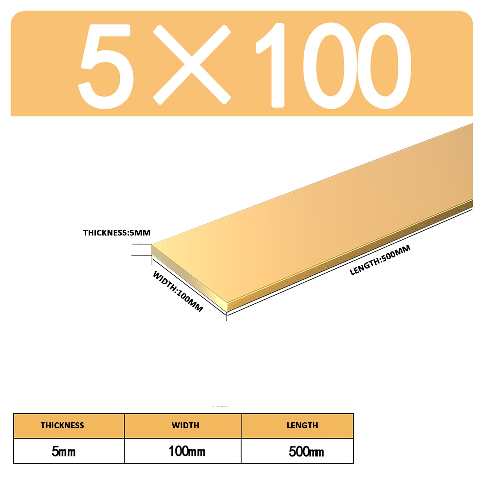 1 barra piatta in ottone, spessore 5 mm, lunghezza 500 mm, larghezza da 5 mm a 100 mm, barra quadrata rettangolare in ottone massiccio for hobby artigianali(100mm)
