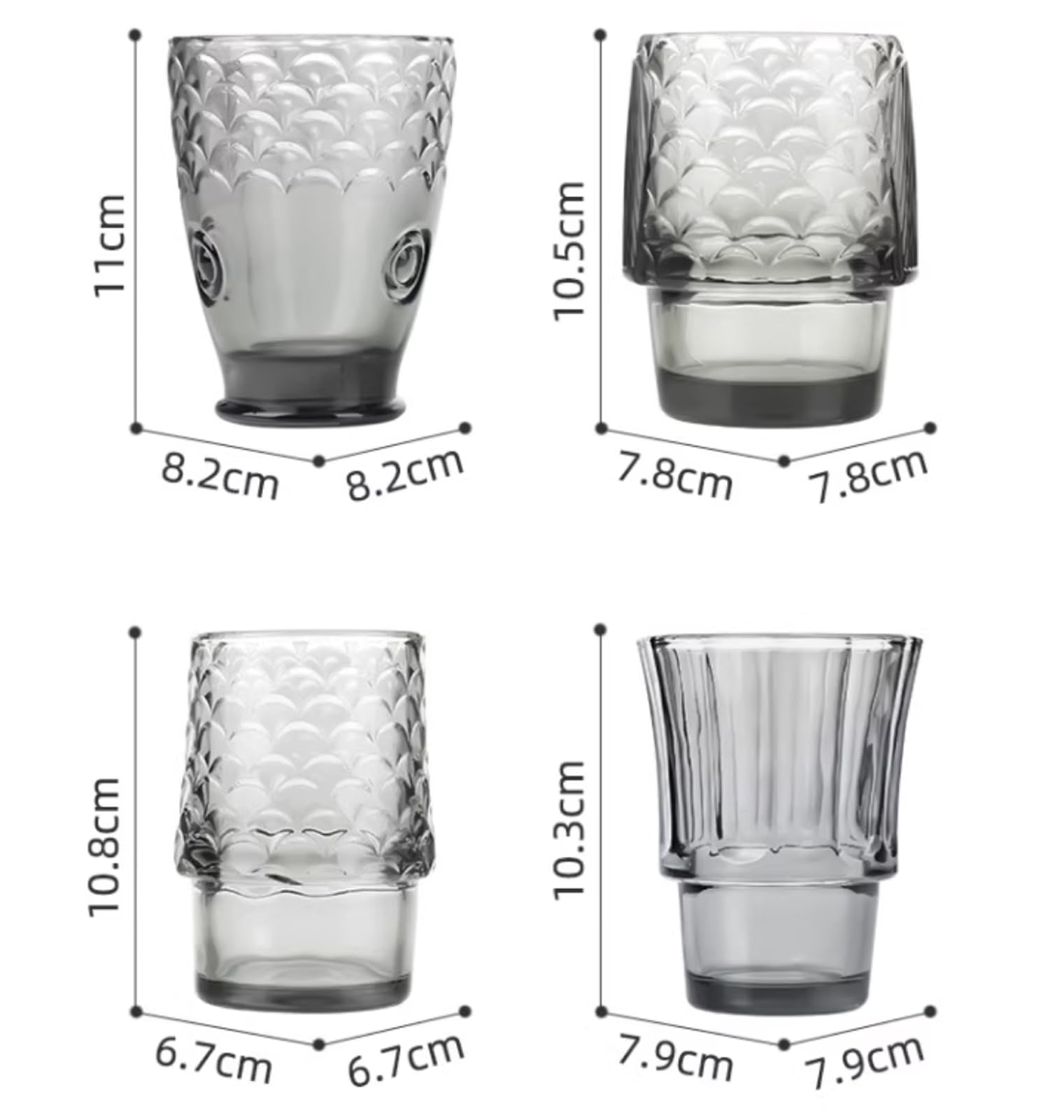 Stapelbare altmodische Glasbecher, Fisch-Design, 4 Stück, Koi-Fisch, ästhetisches Becher-Set, blaue Gläser, 250 ml, 4 Stück