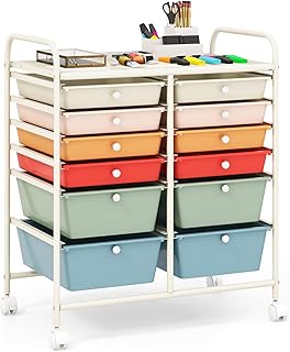 GiantexUK 4/6/12 Drawers Storage Trolley, Multipurpose Utility Rolling Cart on Wheels, Plastic Shelving Organizer Unit for Home Office Hairdressing Salon (Multi, 12 Drawers)