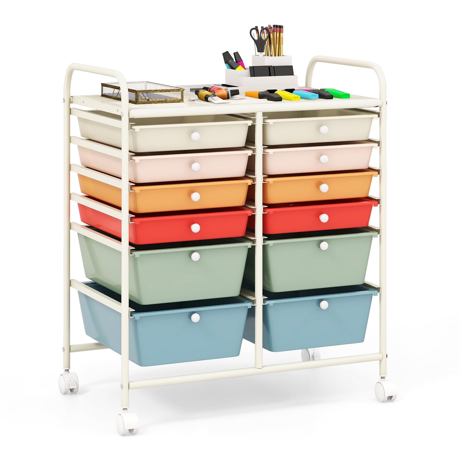 COSTWAY Chariot de Rangement à Roulette 12 Tiroirs en PP, Tour de Rangement avec Tablette, Cadre en Métal, Desserte Meuble Tiroir pour Cuisine Salle de Bain École, 64x38x75cm (Multicolor)