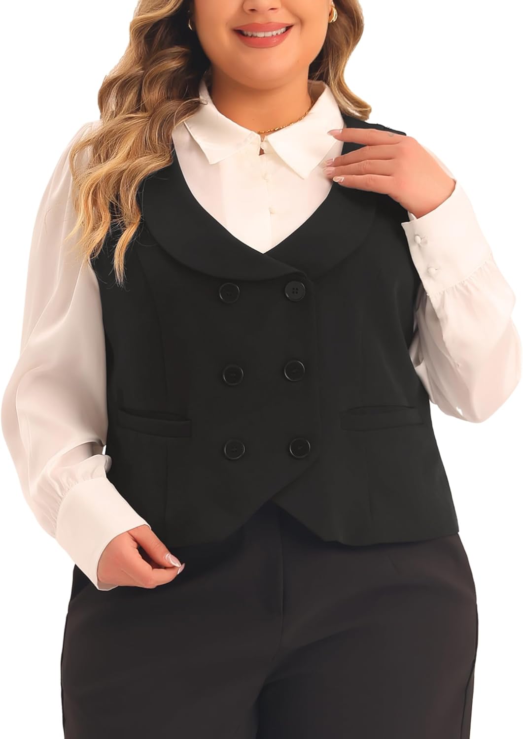 Agnes Orinda Plus Size Suit Vest for Women Double Breasted Vintage Lapel Collar Dressy Waistcoat Vest with 2 Pockets
