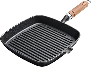 Sartén para parrilla, sartén de camping, mango de madera de hierro fundido, agarre ergonómico resistente al calor, cocina al aire libre, plancha para camping, 9.45 x 1.18 pulgadas, color negro, 1