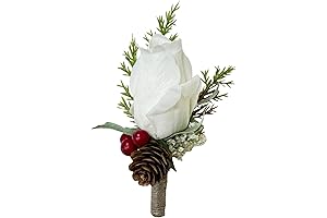 Winter Wedding Flowers Bouquet with Red Berries, Pinecones, Eucalyptus, and White Lamb's Ear Boutonniere