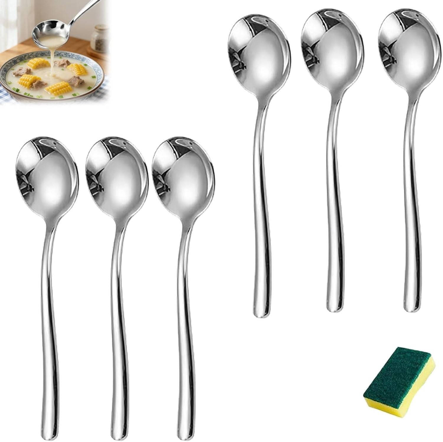 WOMGKDA 18/10 Stainless Steel Soup Spoon Set 4-Piece or 6-Piece, Thickened Heavy Duty Soup Spoons for Hot Soups, Stews, Sauces, Dishwasher Safe Durable Cutlery, 6pcs