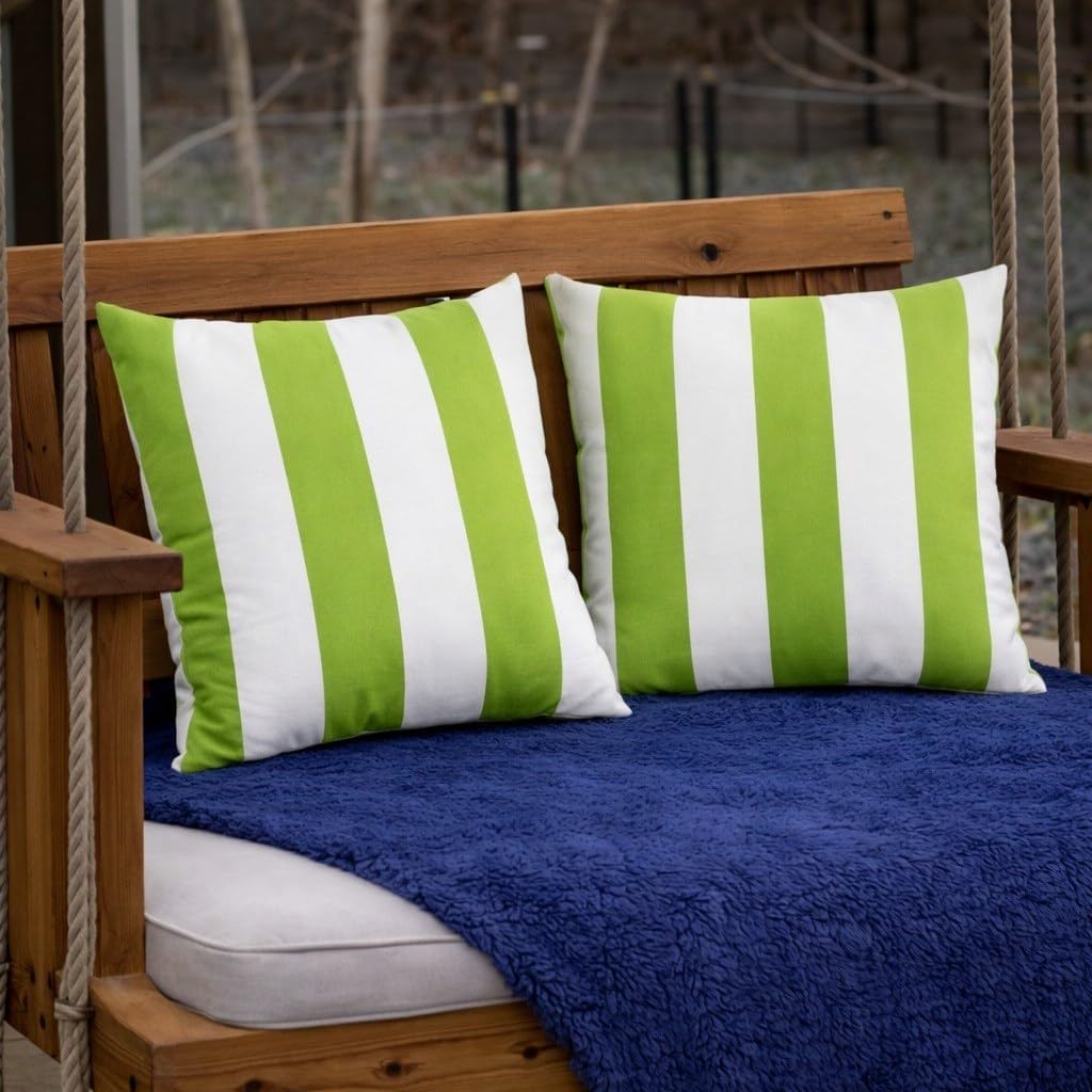 Outdoor Throw Pillows 18x18 Set of 2, Waterproof Patio Cushions with Covers, Decorative Square Pillows for Garden Furniture, Porch, Poolside, Deck Chair - Green White Striped