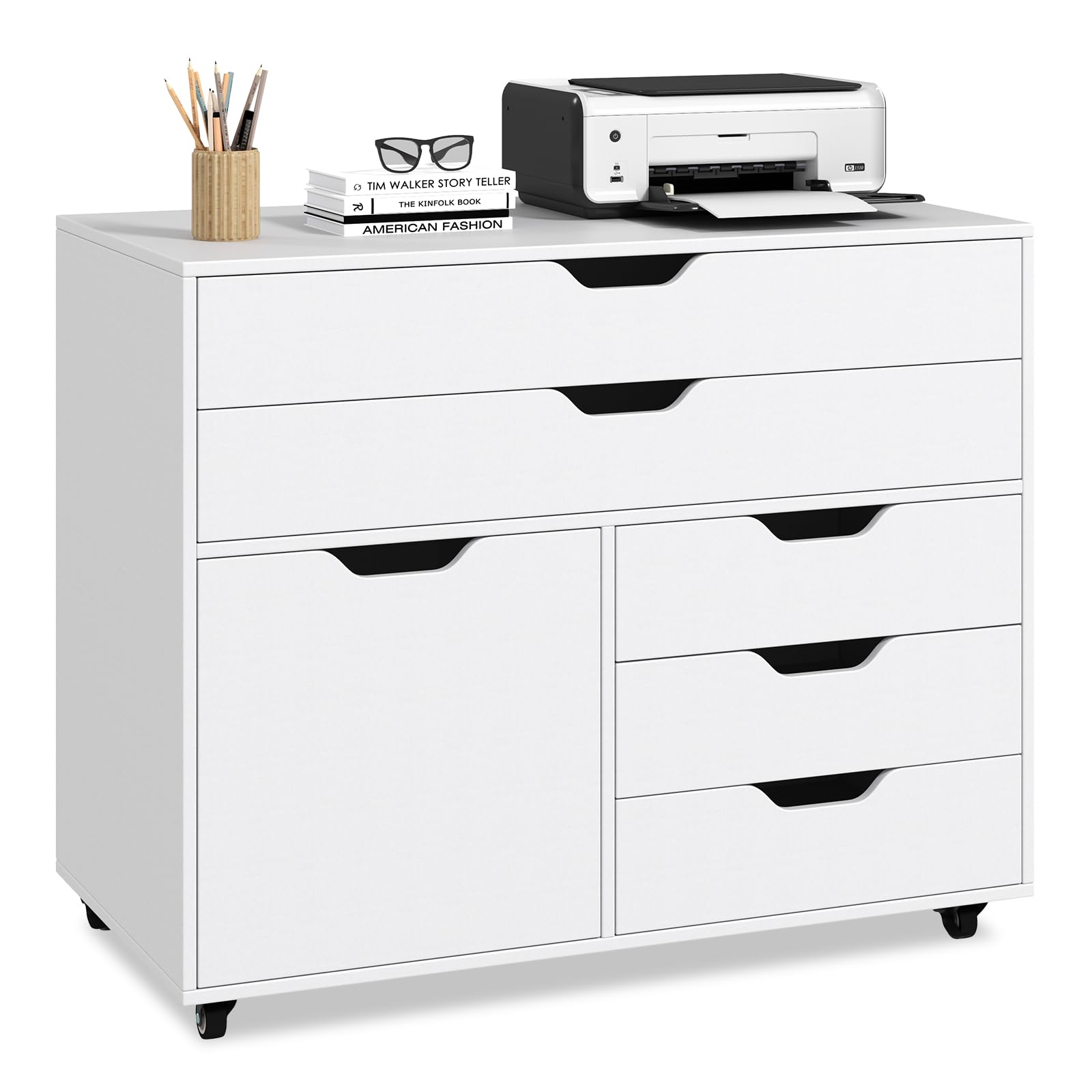 COSTWAY Mobile File Cabinet, 5 Drawers Lateral Stationery Storage Organiser Chest with Wheels and Door, Home Office Printer Stand Side Filing Cupboard (White, 77 x 40 x 64cm)