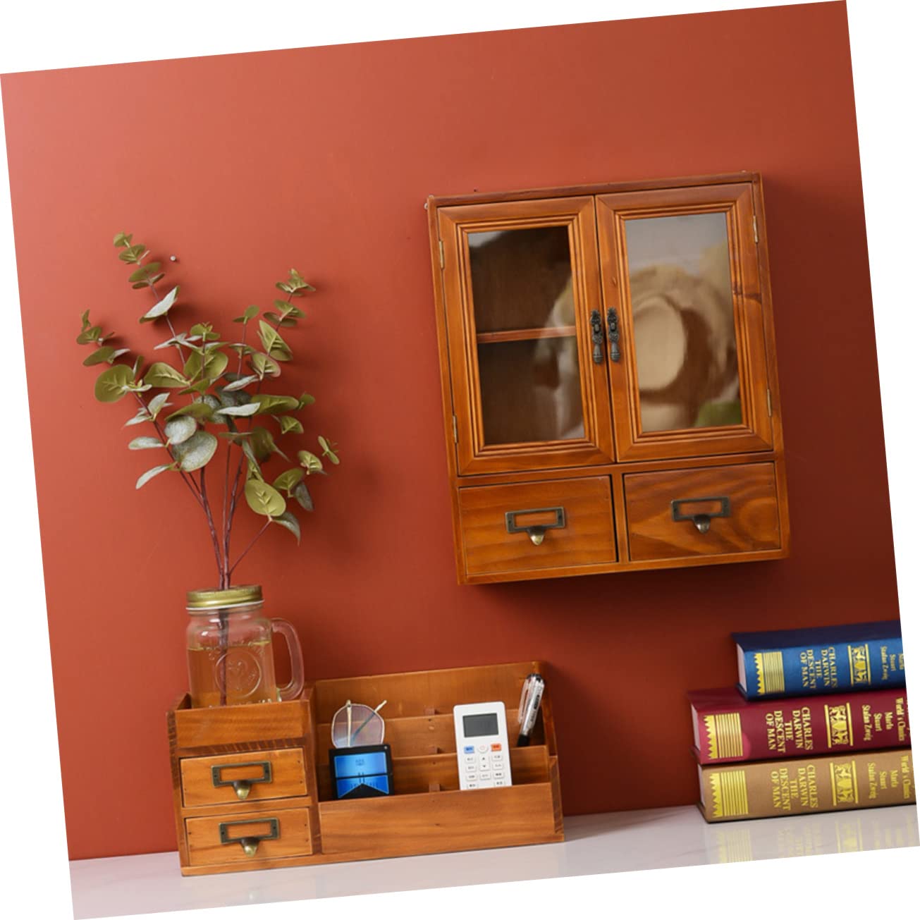 Schminkorganizer Holz mit 6 Fächern und 2 Schubladen, Tischablage