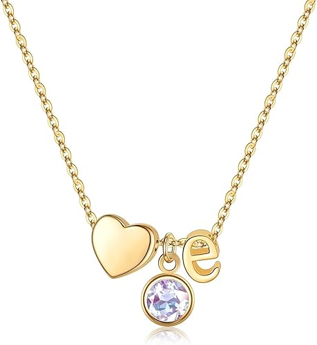 Ursilver Initial Birthstone Necklace for Women - Heart Initial E June Birthstone