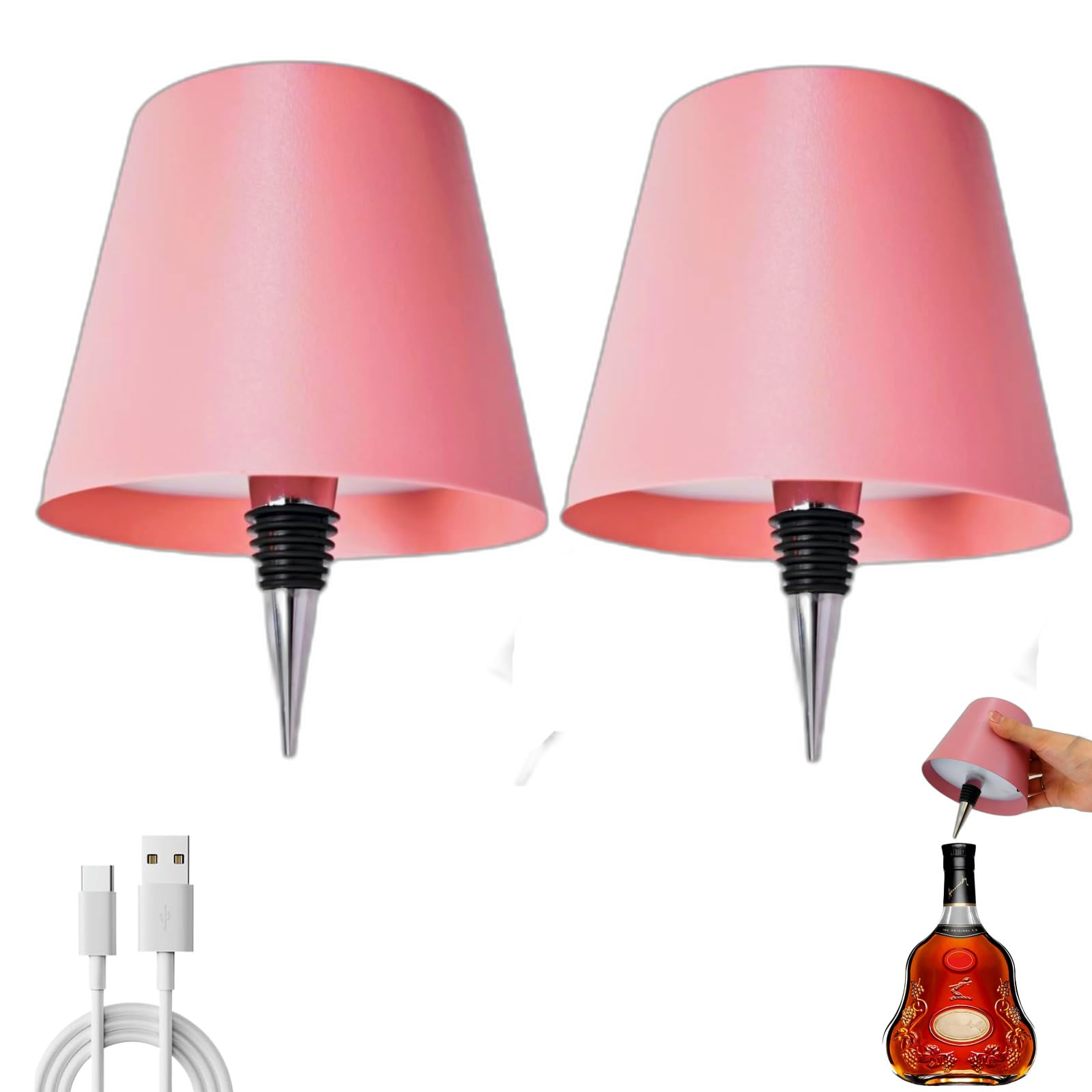 Brabola Wireless Wine Bottle Lamp, Liquor Bottle Light Rechargeable Touch Control Cordless Table Lamp with 3 Color Dimmable for Restaurant, Home, Bar, Office, Christmas (Pink, 2 Pcs)