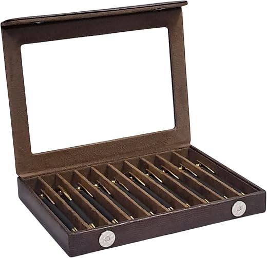 essart Faux Leather Pen Display Organizer Box for 10 Pens | Transparent Lid | Snakebit Brown | Luxury Pen Storage Case for