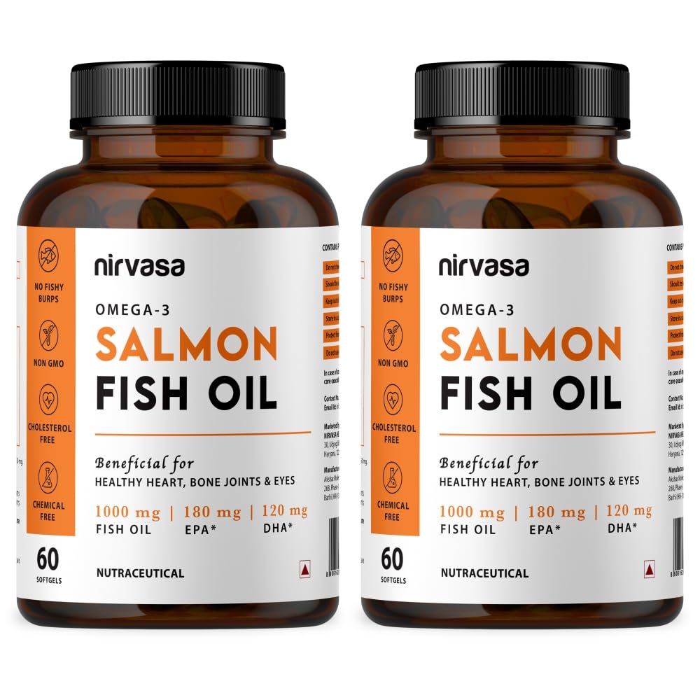 Nirvasa Omega-3 Salmon Fish Oil Capsules (1000mg, 2x60 Softgels) | High-Potency 180mg EPA & 120mg DHA | Supports Heart, Brain, Eye & Bone Health | No Fishy Burps | For Men & Women – Pack of 2