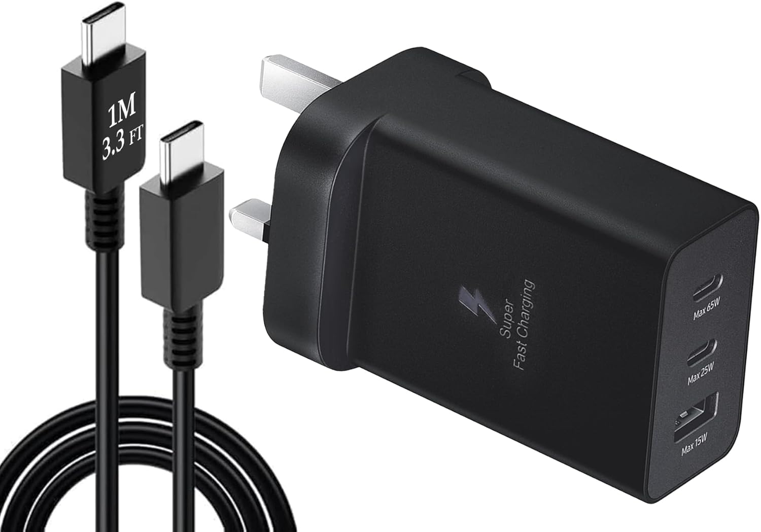 65-W Super Fast Charger, 3 Port for All Type of Mobiles Phones | 3-Ports: USB-C(PD3,0 PPSMax65-W), USB-C(PD 3,0 PPS Max 25-W), USB-A(Max15-W) (Adapter with 1M Type_C Cable) 65-W Super Fast Charger, 3 Port for All Type of Mobiles Phones | 3-Ports: USB-C(PD3,0 PPSMax65-W), USB-C(PD 3,0 PPS Max 25-W), USB-A(Max15-W) (Adapter with 1M Type_C Cable)