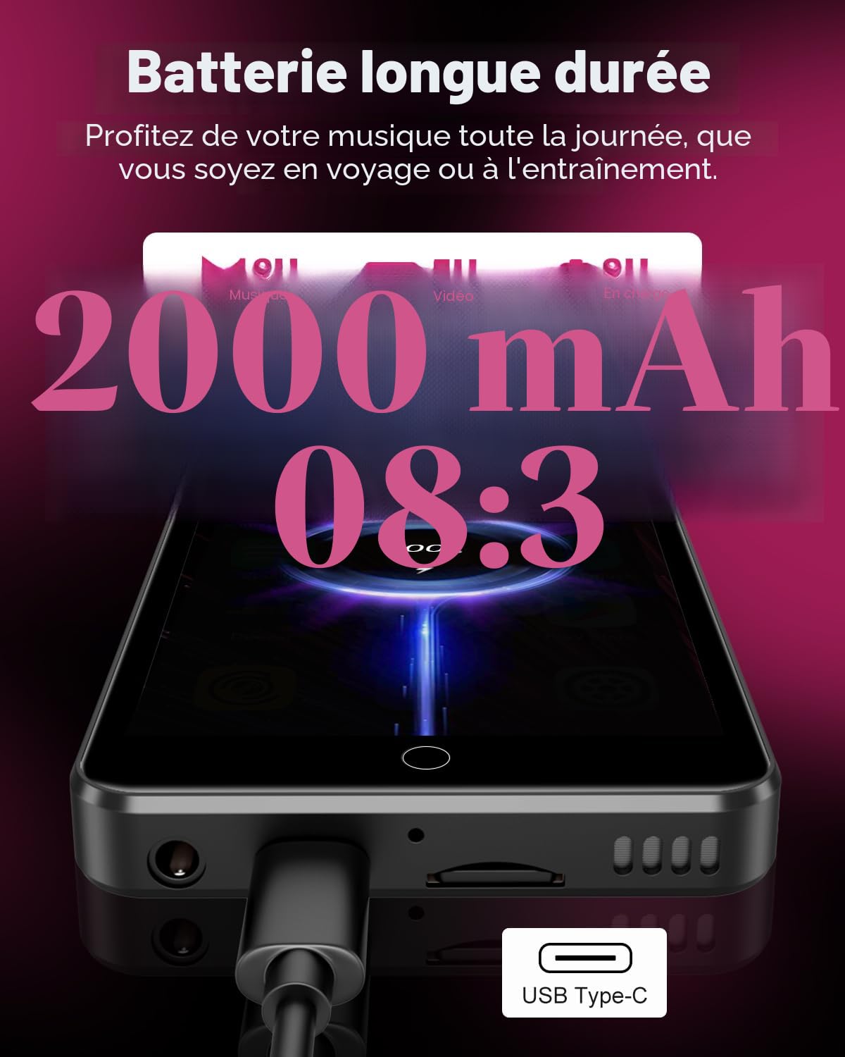 Lecteur MP3 80 Go avec Bluetooth et WiFi, écran Tactile 4 Pouces Lecteur MP3 pour Enfants Haut-Parleur intégré, Lecteur MP4 avec Spotify, Audible, Amazon Music, Deezer, Radio FM, jusqu'à 1To