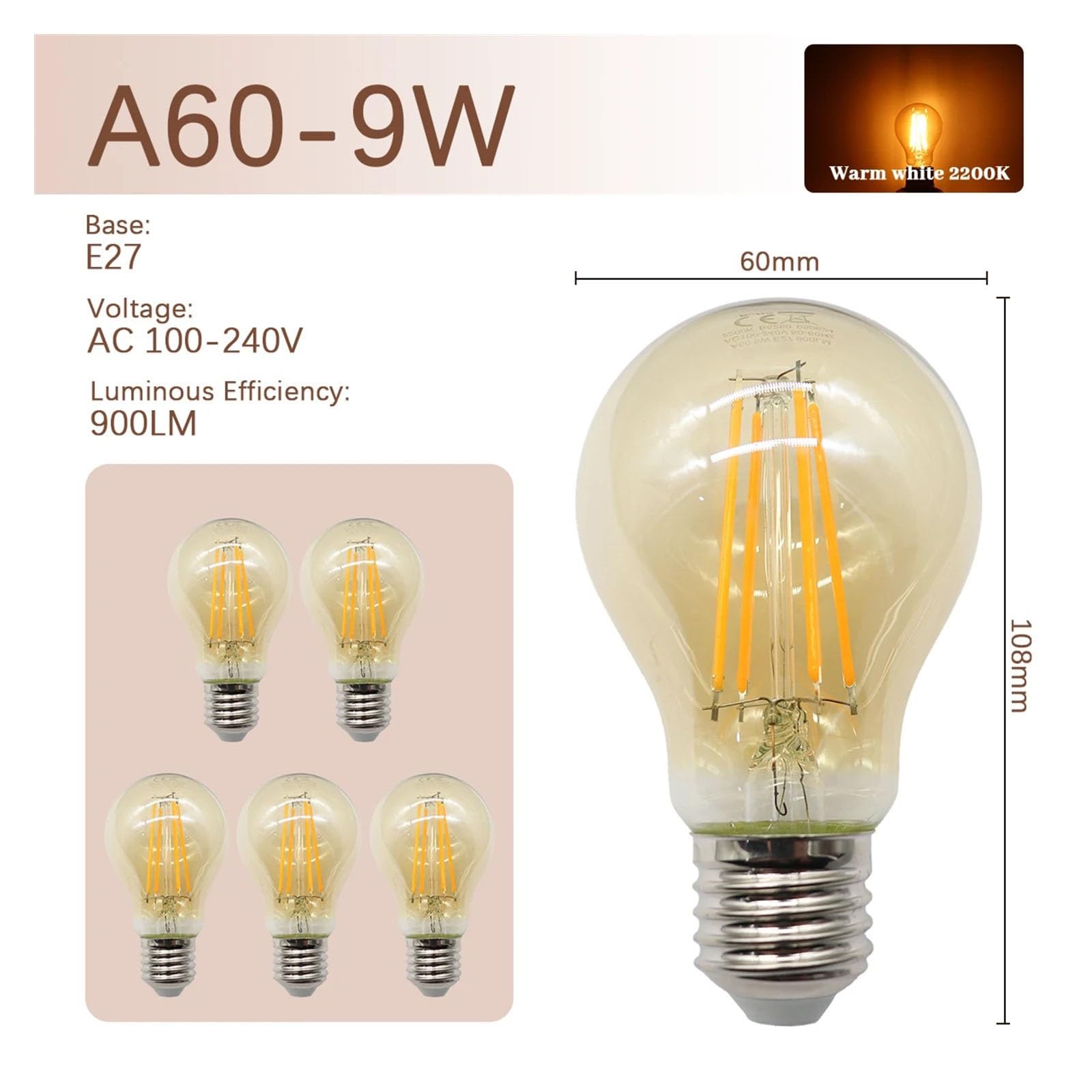 Bombilla LED de filamento superbrillante, 6 unidades, 9 W, E27, estilo retro Edison, dorada, de cristal transparente, 220 V, 120 V, vintage, B22, E14, LED GU10, foco de iluminación (6 unidades, dorad