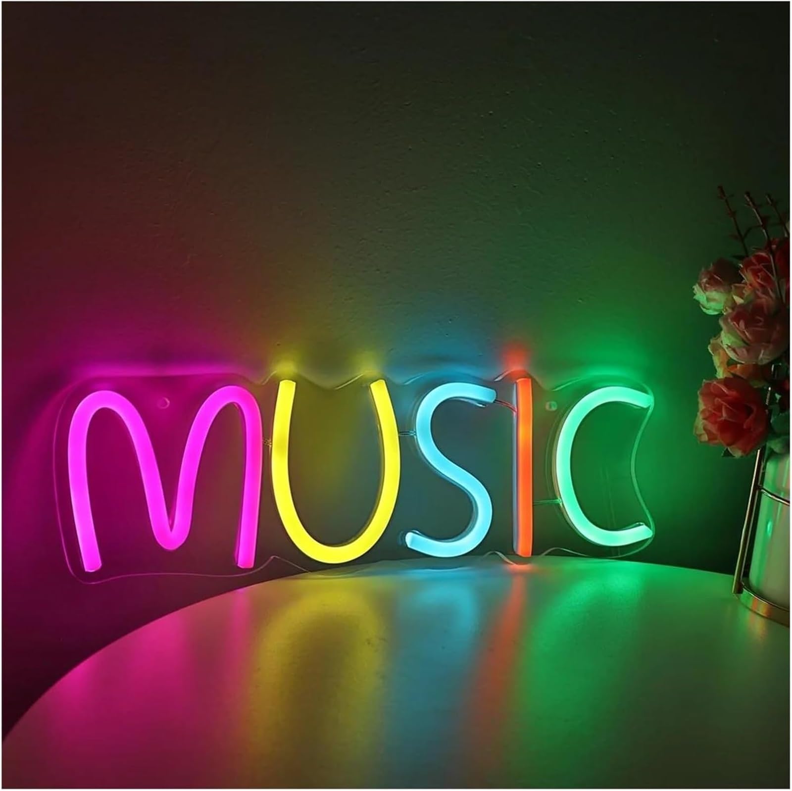 Kolorowy neon LED z napisem MUZYKA, na imprezę, do pubu, klubu, sklepu, 31 cm × 10,1 cm