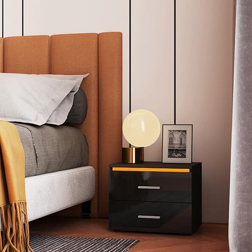 Miniatura 7 de HOMMPA Mesita de noche pequeña con 2 cajones, mesita de noche LED negra, mesita de noche moderna con luz LED para dormitorio de niños, mesa de noche
