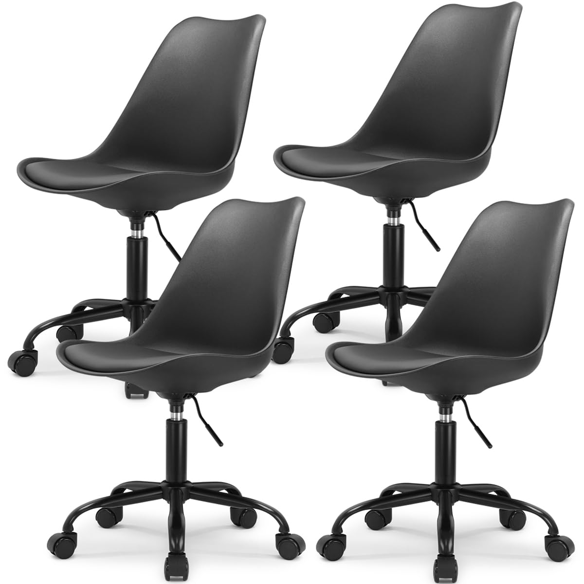 Waytex Lot de 4 Chaises de Bureau Style Scandinaves à roulettes avec Hauteur réglable, Coussin d'assise intégré - Noir