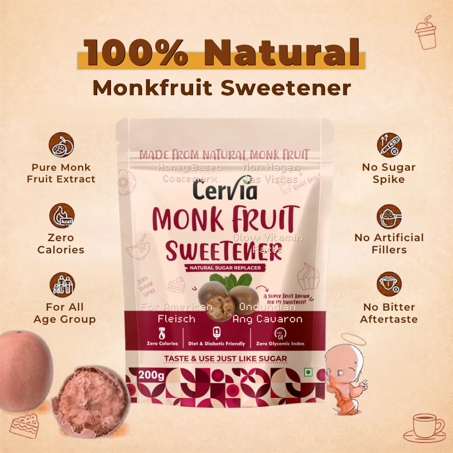 Image of Cervia Monk Fruit Natural Sweetener 200g | 100% Natural Sugar Replacement | Zero Calories | Zero Glycemic Index | No Blood Sugar Spike | Diabetic & Keto Friendly | No Bitter Aftertaste | For Tea, Coffee & Cooking (200)