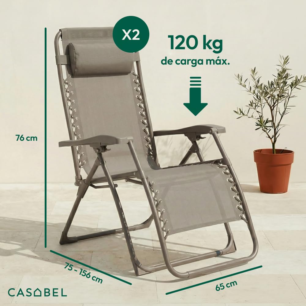 CASABEL Sillon Relax Reclinable, 2 Sillas con Cojin Plegables para jardín, Terraza Exterior o Camping, Silla Plegable Camping con Armazon de Acero y Tejido Textilene Resistente, Color Topo