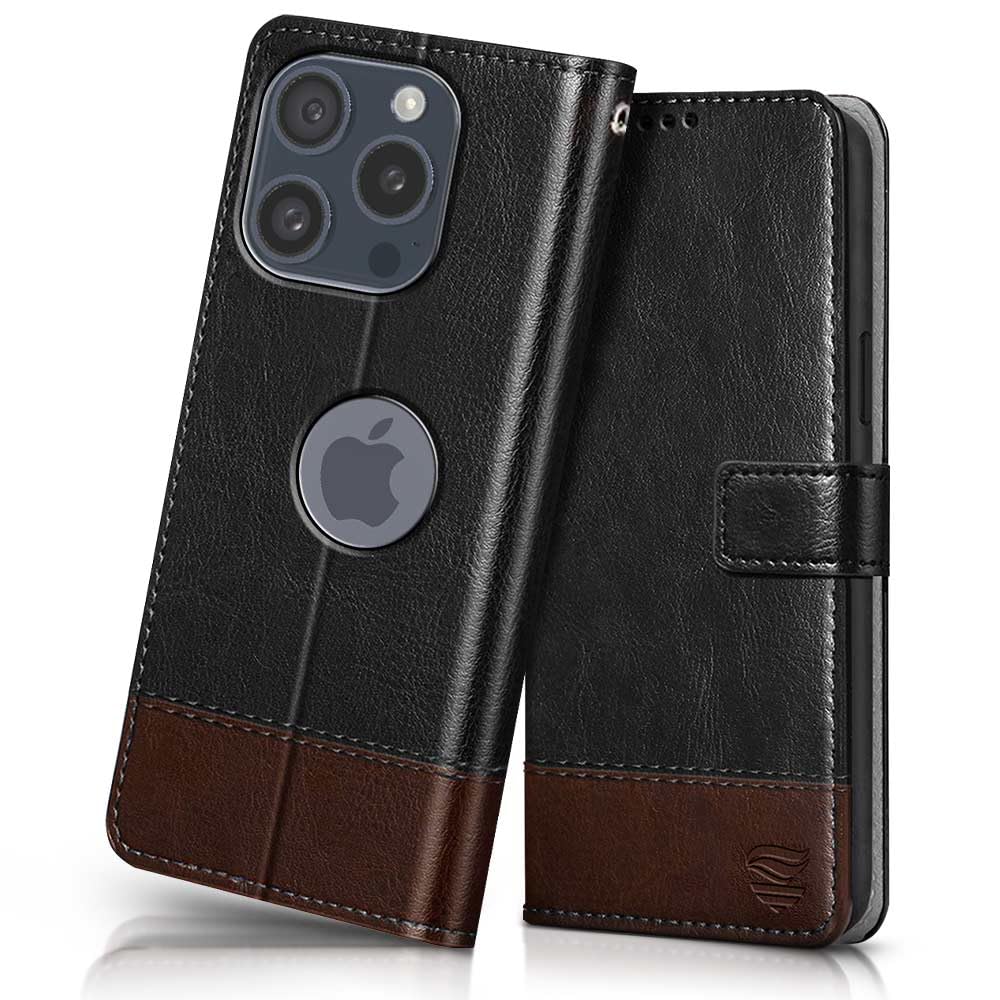 FLIPPED Vegan Leather Flip Case Back Cover for Apple iPhone 15 Pro (Flexible, Shock Proof | Hand Stitched Leather Finish | Card Pockets Wallet & Stand | Black with Brown) (B0CJNR99GG) Amazon Price History, Amazon Price Tracker