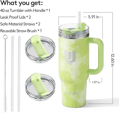 Miniatura 2 de ZUWOZU Vaso de acero inoxidable con aislamiento al vacío con tapa y pajilla, de 40 oz, con asa y pajilla, 2 tapas, taza de viaje para café helado,