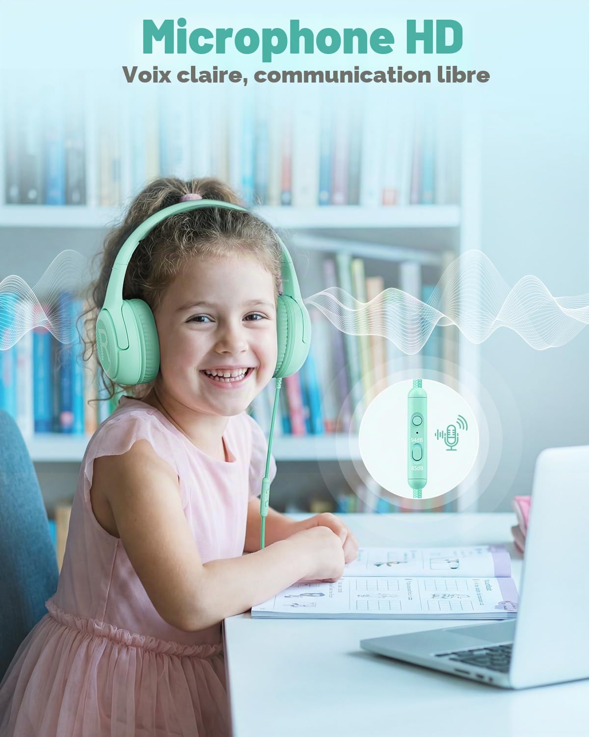 awatrue Casque Audio Enfant, Casque Enfant Filaire avec Volume Limité 85/94db, Fil 3.5 Mm, Pliable, Partager l’Audio, Micro Integré pour Ipad/Voyage/Tablette/Téléphone, Vert