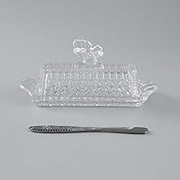 Vista 5 de HOWOK - Mantequillera de cristal con tapa y cuchillo de mantequilla de acero inoxidable, mango de mariposa, cubierta gruesa, soporte