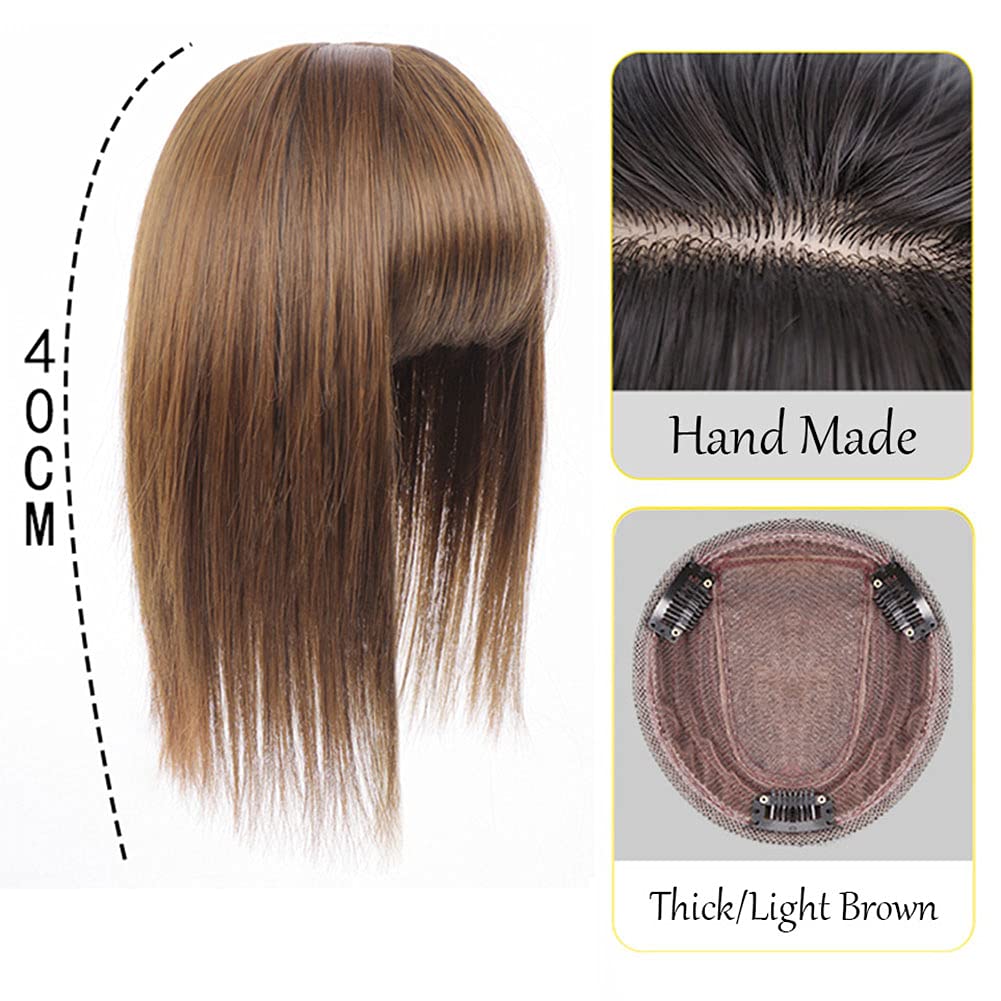 Silk Straight Hand Made Mono Parting Wiglet Clip in Top Topper Middle Parted With Blunt Bangs 40cm/Thick Light Brown