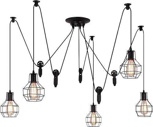 Iluminación colgante industrial de 5 cabezales, lámpara de techo ajustable de estilo vintage de araña semiempotrada, candelabro rústico Edison,