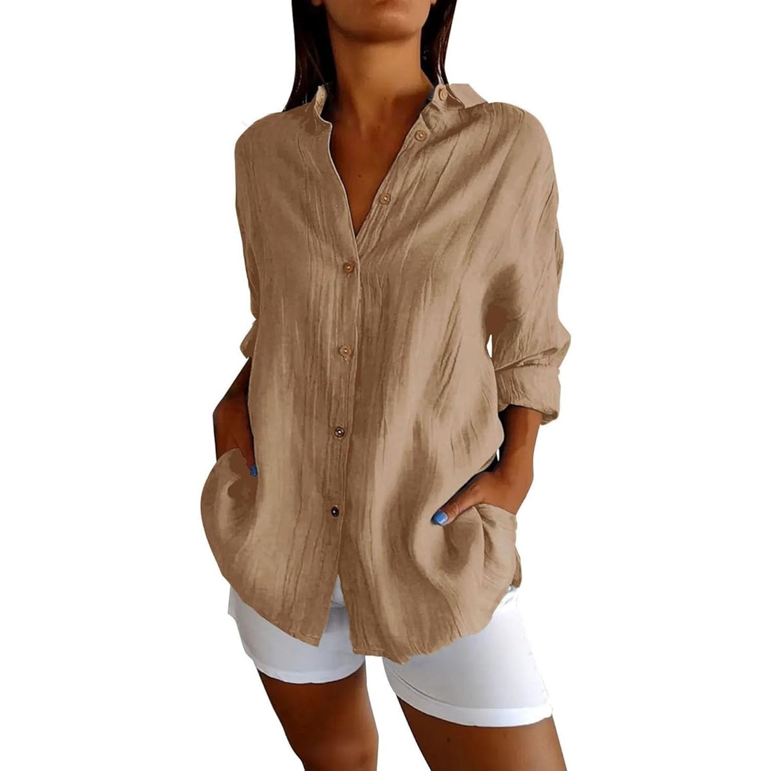 Classic Pleated Textured Single-Breasted Lapel Shirt for Women, V Neck Summer Lightweight Roll Up Sleeve Button Blouses
