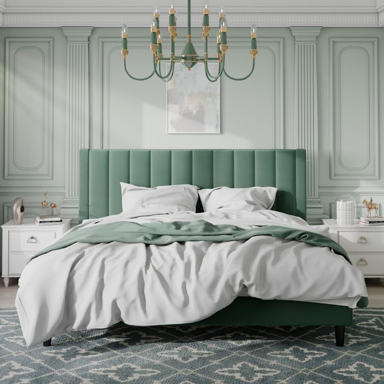 Image of HITHOS Modern Upholstered King Size Bed with Wingback Headboard | Wooden Double Bed Cot Palang Without Storage for Living Room Home Bedroom (Green) 1 Year Warranty