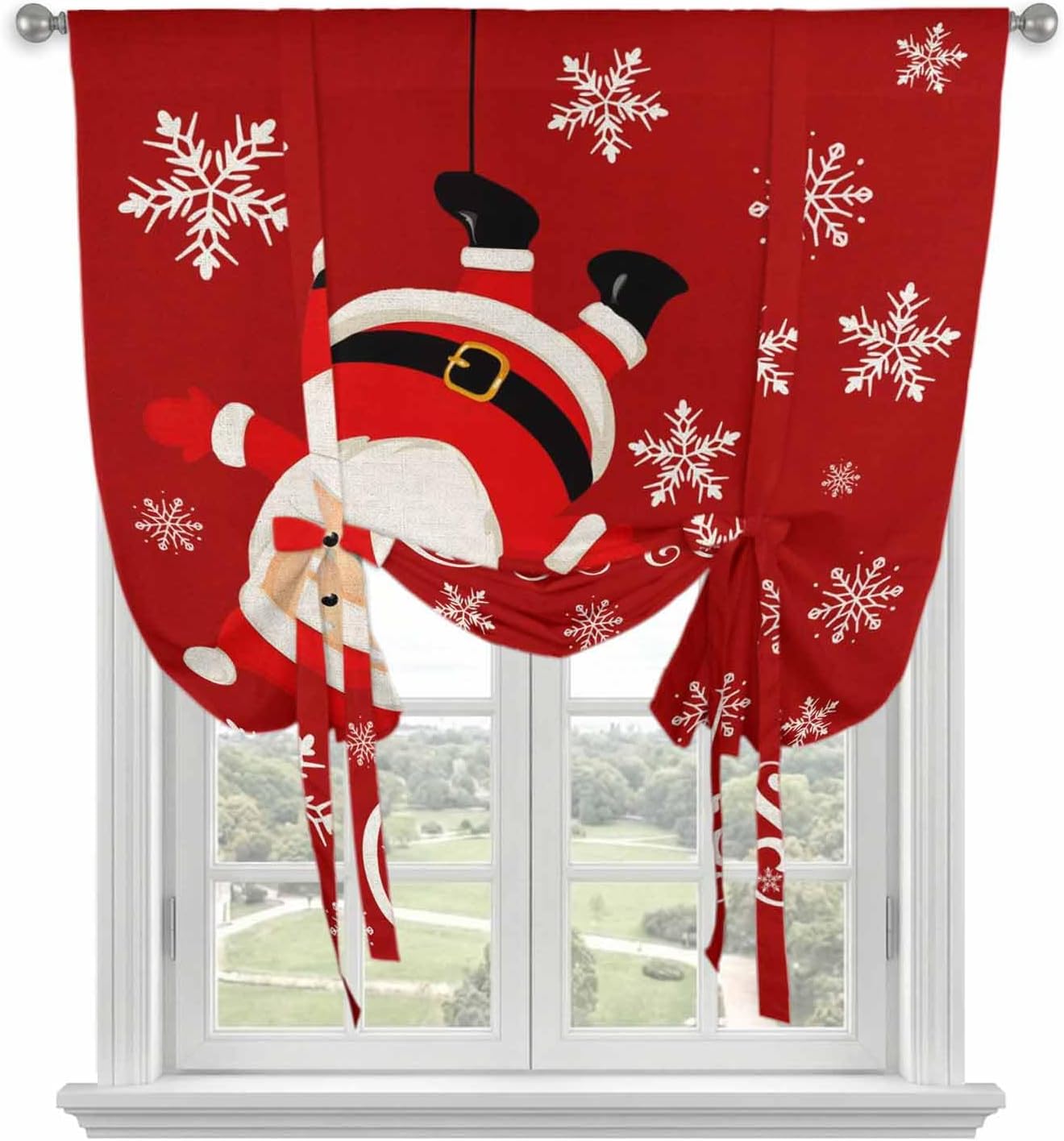 Red Christmas Santa Tie Up Curtains for Window, Xmas Snowflake Winter Thermal Insulated Balloon Shade Adjustable Rod Pocket Curtains Valance Panels for Kitchen Bathroom Café 42'' x 45''