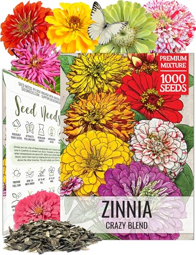 Seed Needs Zinnia Seeds 15+ Varieties Specialty Crazy Blend | 1,000+ Seeds Zinnia Elegans Open Pollinated | Includes California Giants, Candystripe & State Fair Species | Bulk