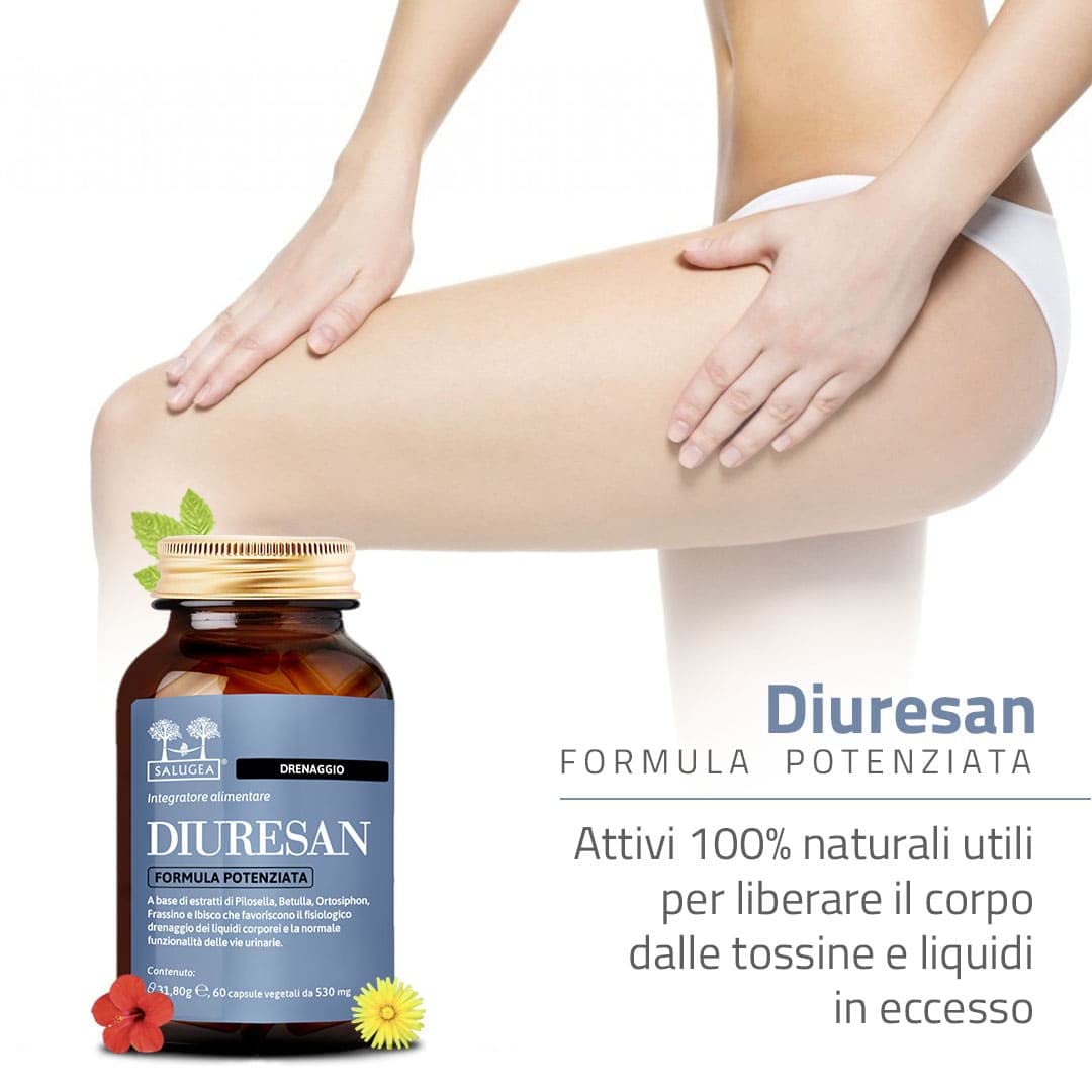 DIURESAN Formula Potenziata Salugea - Integratore 100% Naturale per la Ritenzione Idrica il Drenaggio e la Depurazione - Capsule Vegetali - Flacone In Vetro Scuro (no Plastica) - 60 capsule