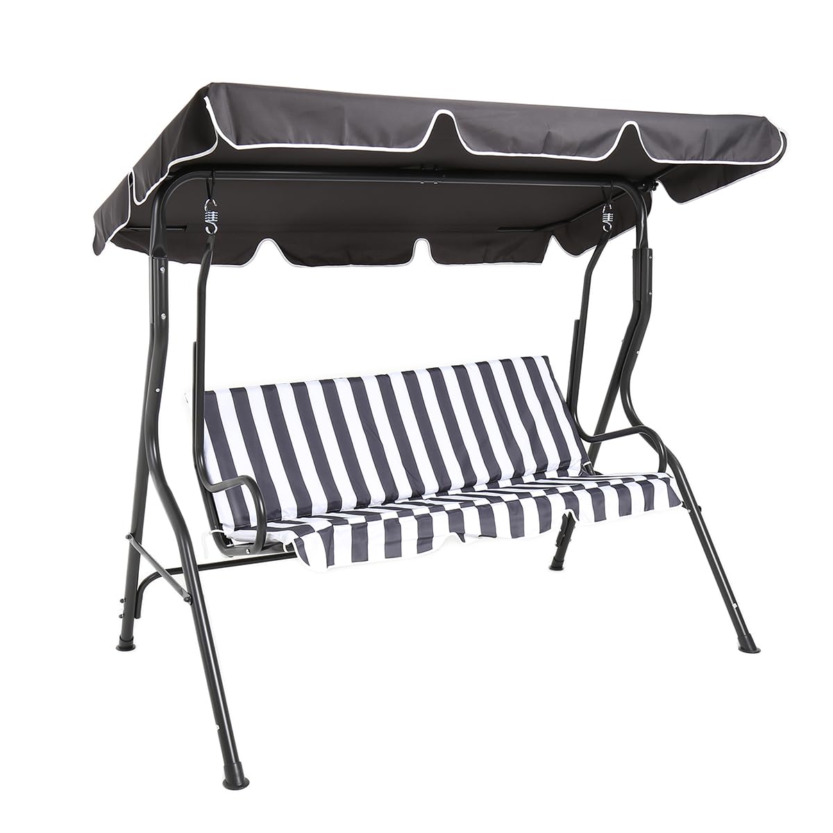 CHARLES BENTLEY 2-3 Seater, Garden, Patio, Outdoor, Swing Seat Hammock Chair, Grey, White Striped, Weatherproof, Swinging Function, Thick Seat, Back Cushion, Steel Frame, Easy To Use (173x111x154cm)