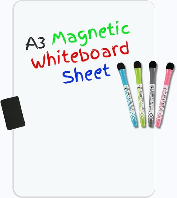 DF Df Creations Whiteboard Sheet for Fridge - Magnetic Dry Erase White Board Organiser - A3 Memo Board - Reminder Notice - Menu Planner - Shopping List  - 4 Markers plus Big Eraser (12 x 16 inches)