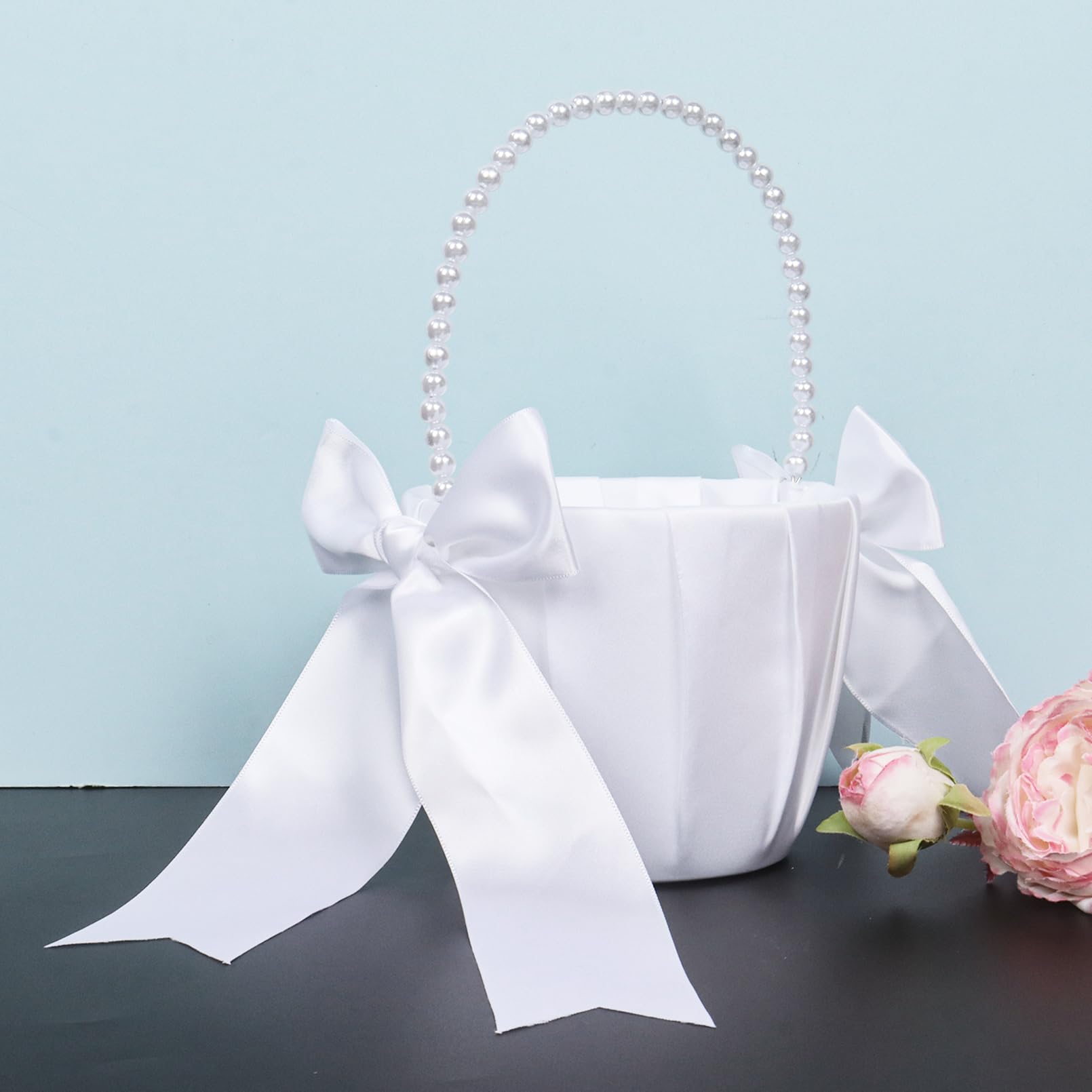 2 Stück Blumenmädchen Korb, Weiß Blumenkorb Hochzeit für Blumenmädchen, Blumenkorb Blumenkinder mit Henkel und Schleife