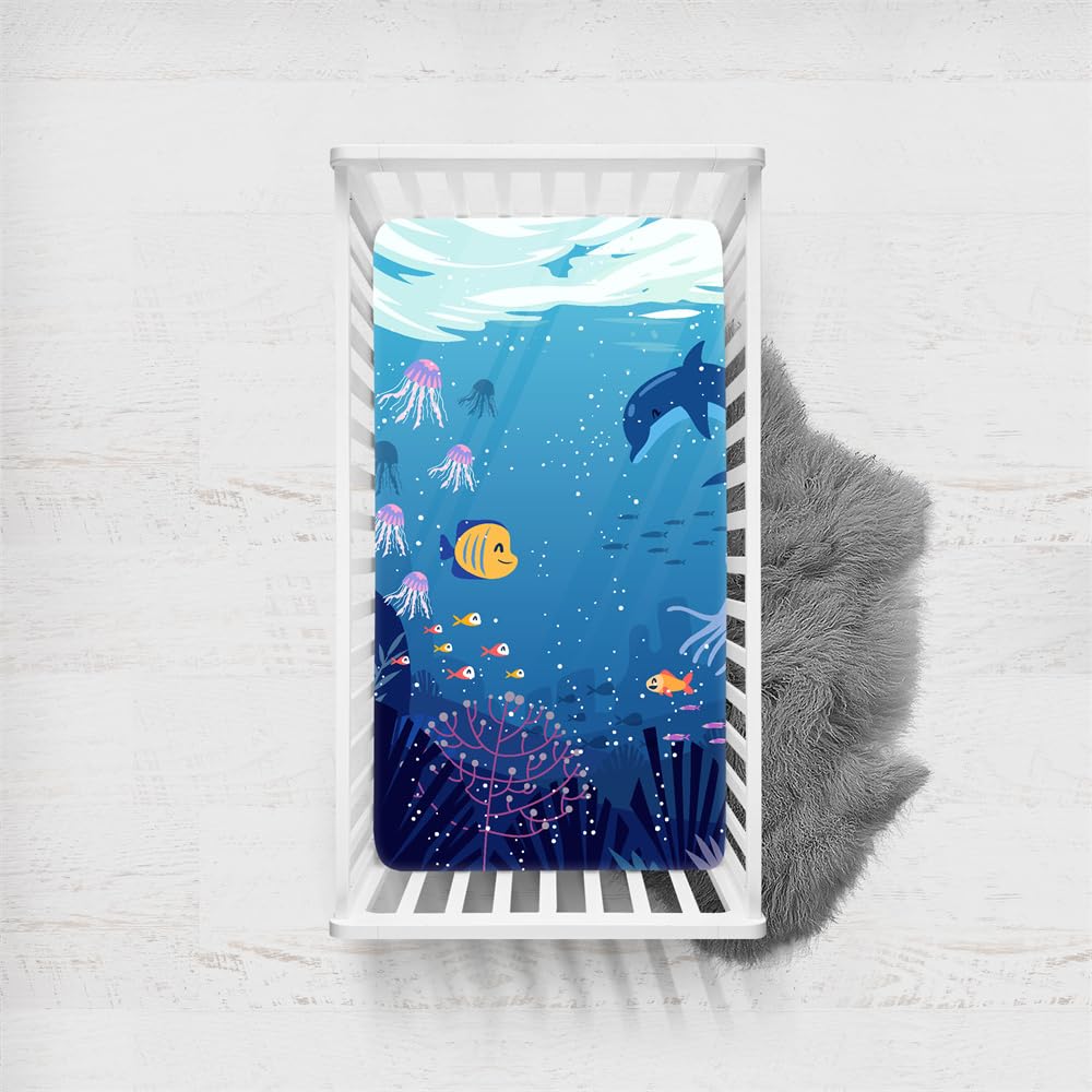 Odot Cot Bed Sheets Fitted Sheets Travel Cot Sheets Cartoon Ocean Island Print Microfiber Cozy Lightweight Breathable Mattress Protector for Baby Bedside Cribs Bassinet (100x135cm,Jellyfish)