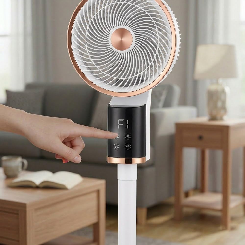 Brigros White - Ventilatore a Piantana Arion 50W con Display LED e Timer 12 Ore, Ventola Turbo con Oscillazione Verticale e Orizzontale, 3 Velocità, Altezza Regolabile, 31x26x105 cm