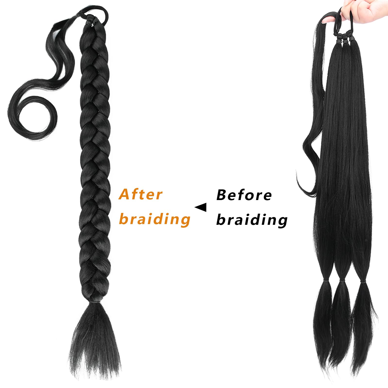 Gledola Long Braided Ponytail Extension 30 Inch Pre stretched Braiding Hair Extensions DIY Braid Ponytail Synthetic Hair Piece (Natural Black - Image 4